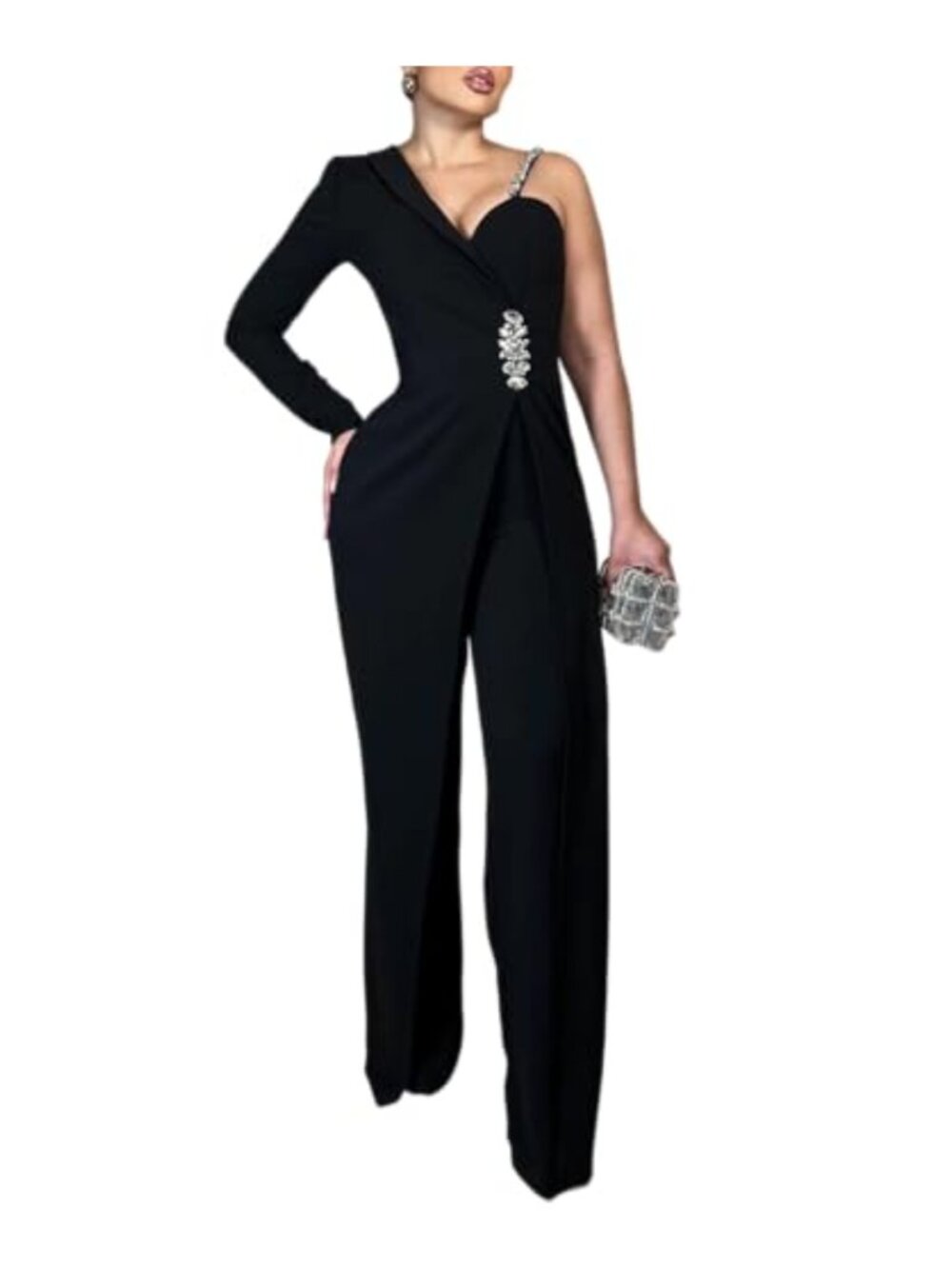 CHICME One Piece Jumpsuit Asymmetrical Wide Leg Evening Romper Crystal